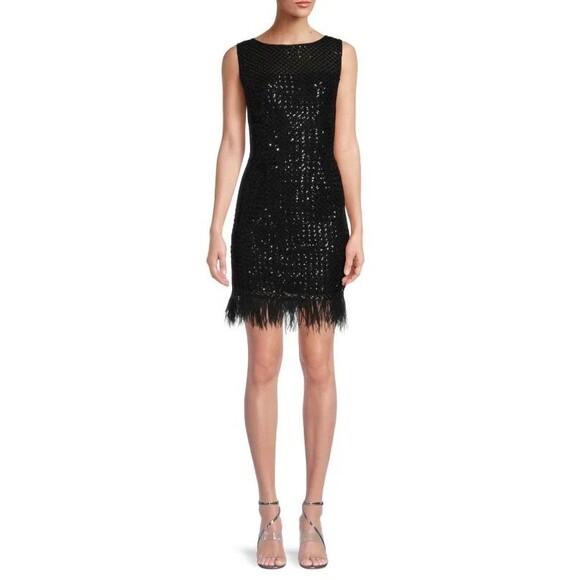 Adrianna Papell women Short Mini Cocktail Dress sz 4 Black Sequins Feathers $179 - Picture 1 of 11